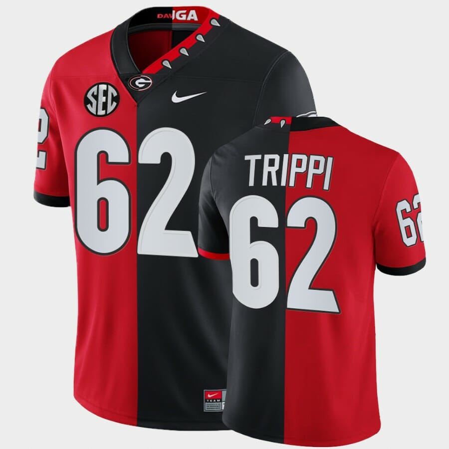 Georgia Bulldogs #62 Charley Trippi Red Black Split Edition 100th Season Alumni Jersey 1 Georgia Bulldogs #62 Charley Trippi Red Black Split Edition 100th Season Alumni Jersey