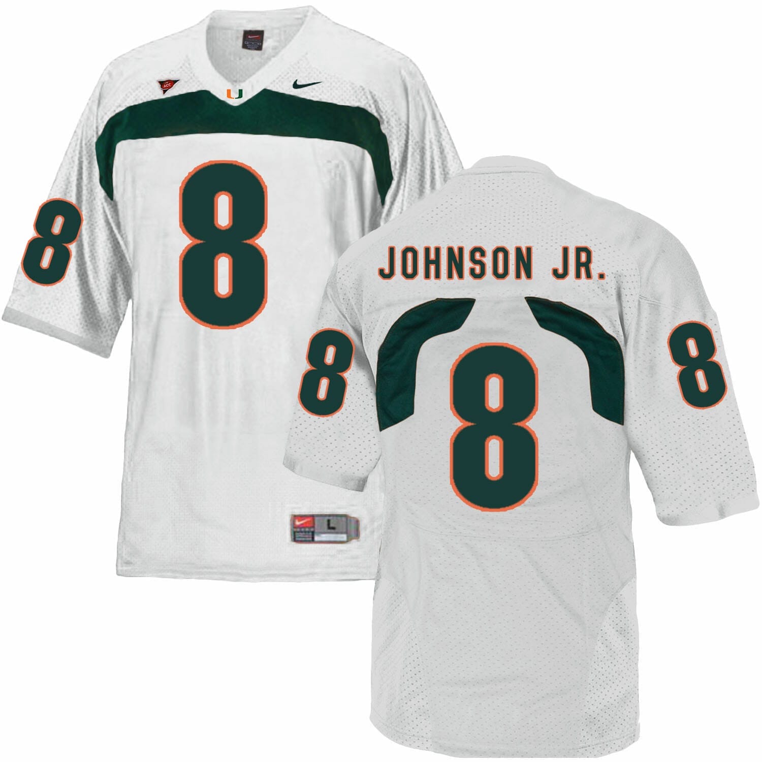 Miami Hurricanes #8 Johnson Jr NCAA College Football Jersey White 1 Miami Hurricanes #8 Johnson Jr NCAA College Football Jersey White