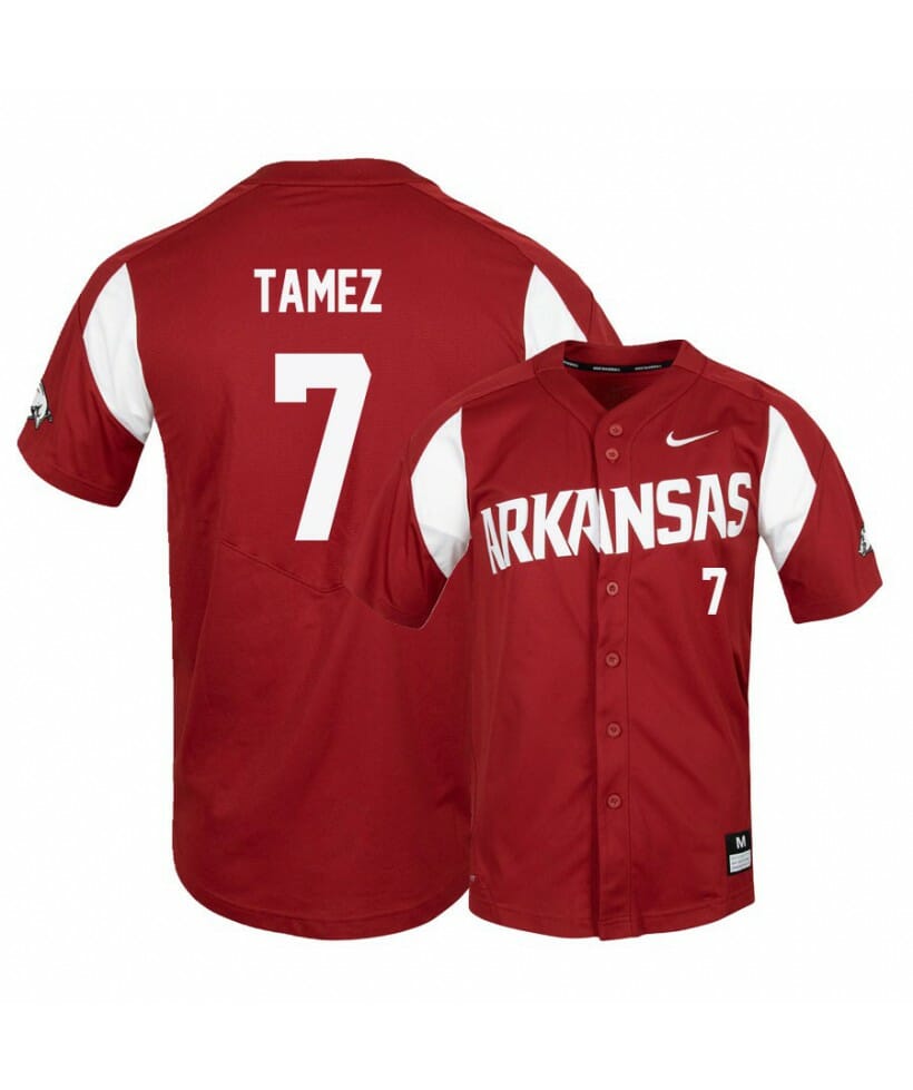 Arkansas Razorbacks 7 Dominic Tamez Red Elite Baseball Jersey 1 Arkansas Razorbacks 7 Dominic Tamez Red Elite Baseball Jersey