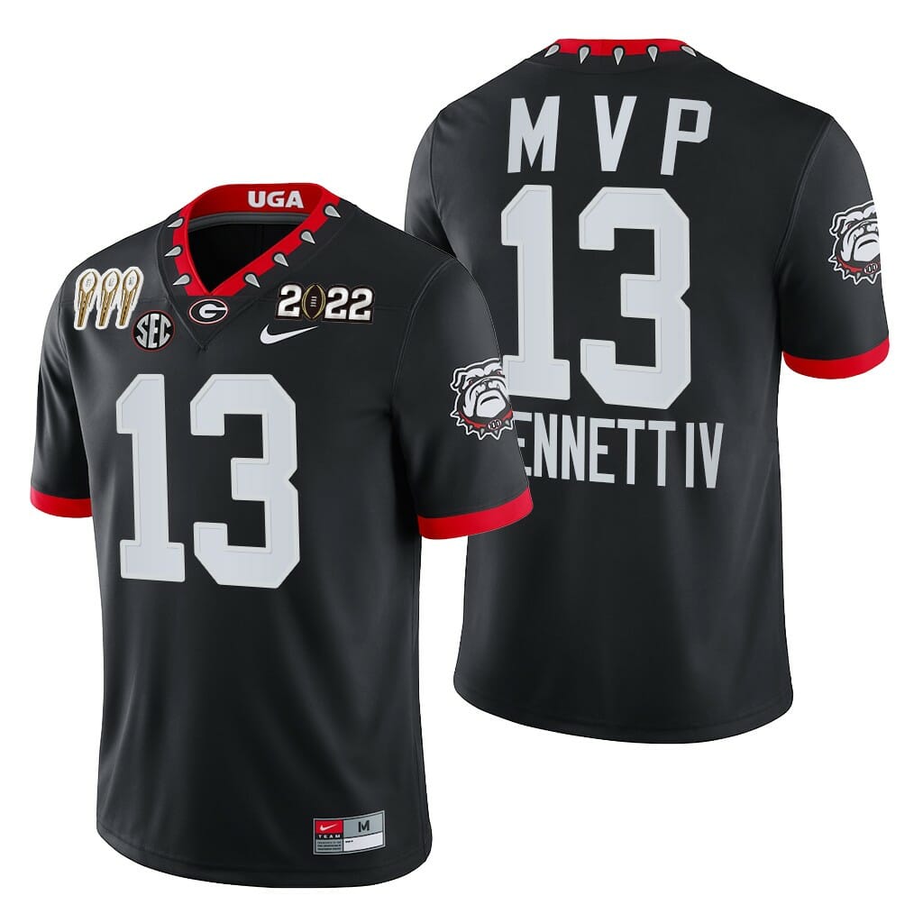 Georgia Bulldogs #13 Stetson Bennett 3-Times CFP National Champions Jersey Black MVP Uniform 1 Georgia Bulldogs #13 Stetson Bennett 3-Times CFP National Champions Jersey Black MVP Uniform