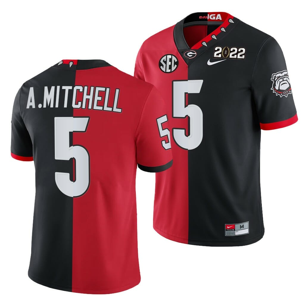 Georgia Bulldogs #5 Adonai Mitchell Split Edition Jersey Red Black College Football 1 Georgia Bulldogs #5 Adonai Mitchell Split Edition Jersey Red Black College Football