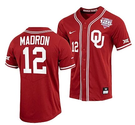 Bryce Madron Jersey Oklahoma Sooners Baseball NCAA College Crimson 125th Season Full-Button #12