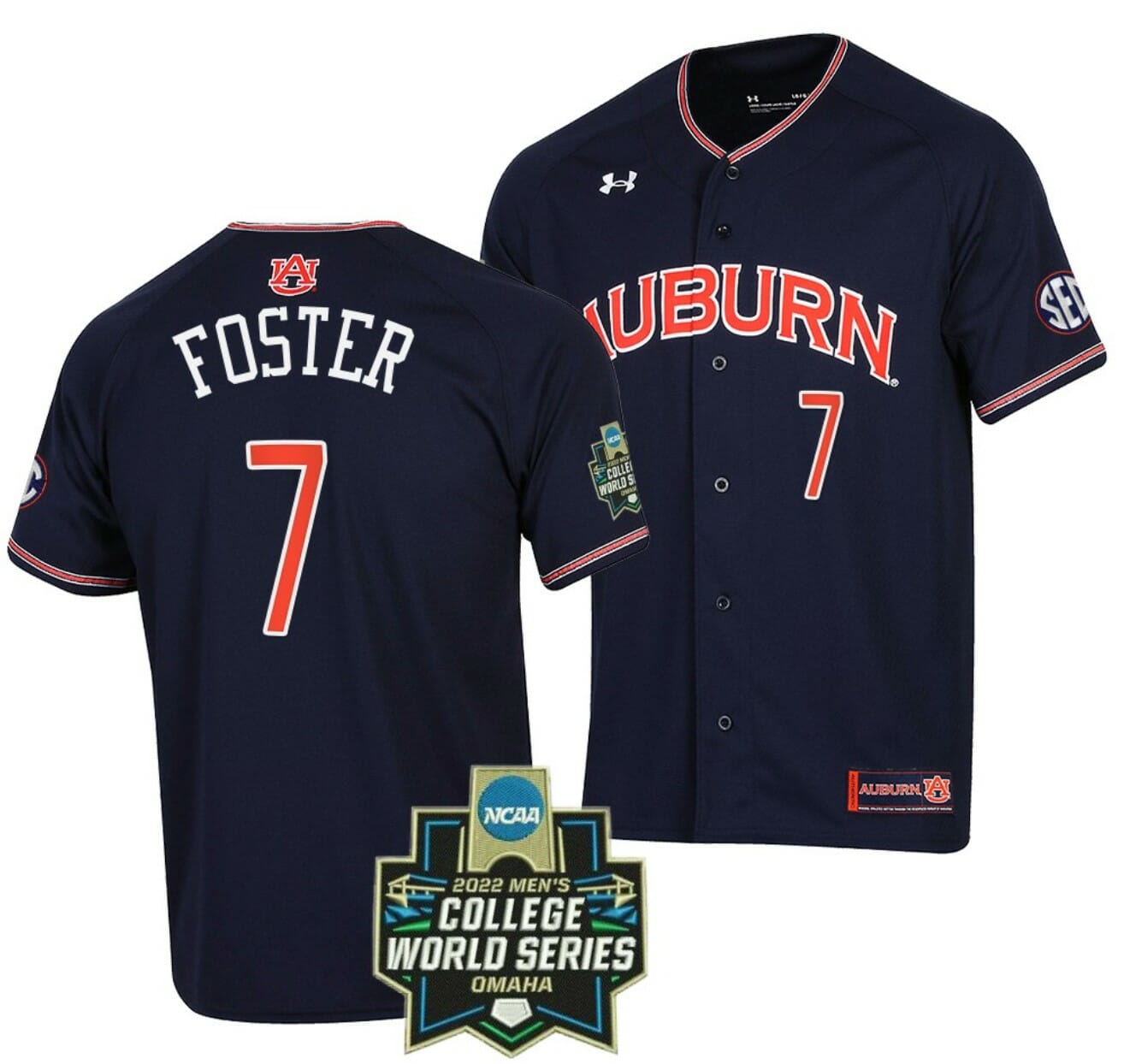 Cole Foster Jersey Auburn Tigers Baseball NCAA College 2022 World Series Navy #7 1 Cole Foster Jersey Auburn Tigers Baseball NCAA College 2022 World Series Navy #7