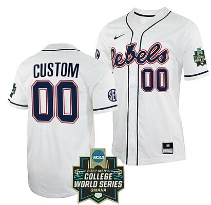 Custom Ole Miss Rebels Baseball Jersey Name and Number NCAA 2022 College World Series White 6 Custom Ole Miss Rebels Baseball Jersey Name and Number NCAA 2022 College World Series White