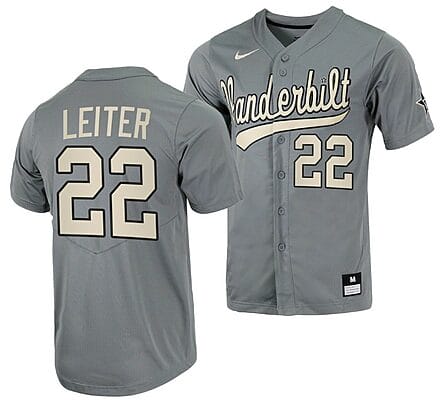 Jack Leiter Jersey Vanderbilt Commodores College Baseball Full-Button Grey #22