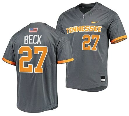 Jordan Beck Jersey Tennessee Volunteers College Baseball Grey #27 6 Jordan Beck Jersey Tennessee Volunteers College Baseball Grey #27