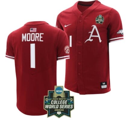 Robert Moore Jersey Arkansas Razorbacks Baseball NCAA College 2022 College World Series Cardinal #1 6 Robert Moore Jersey Arkansas Razorbacks Baseball NCAA College 2022 College World Series Cardinal #1