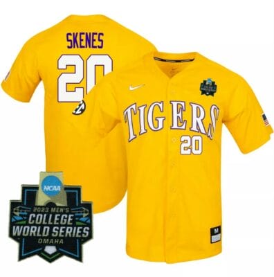 2023 College World Series Paul Skenes Jersey LSU Tigers NCAA Baseball Gold #20 8 2023 College World Series Paul Skenes Jersey LSU Tigers NCAA Baseball Gold #20