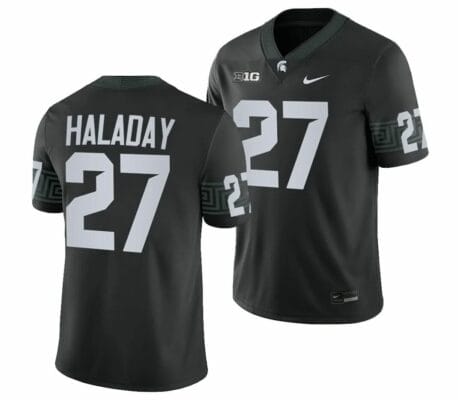 Michigan State Spartans #27 Cal Haladay Jersey College Football Black 2023 Game 10 Michigan State Spartans #27 Cal Haladay Jersey College Football Black 2023 Game