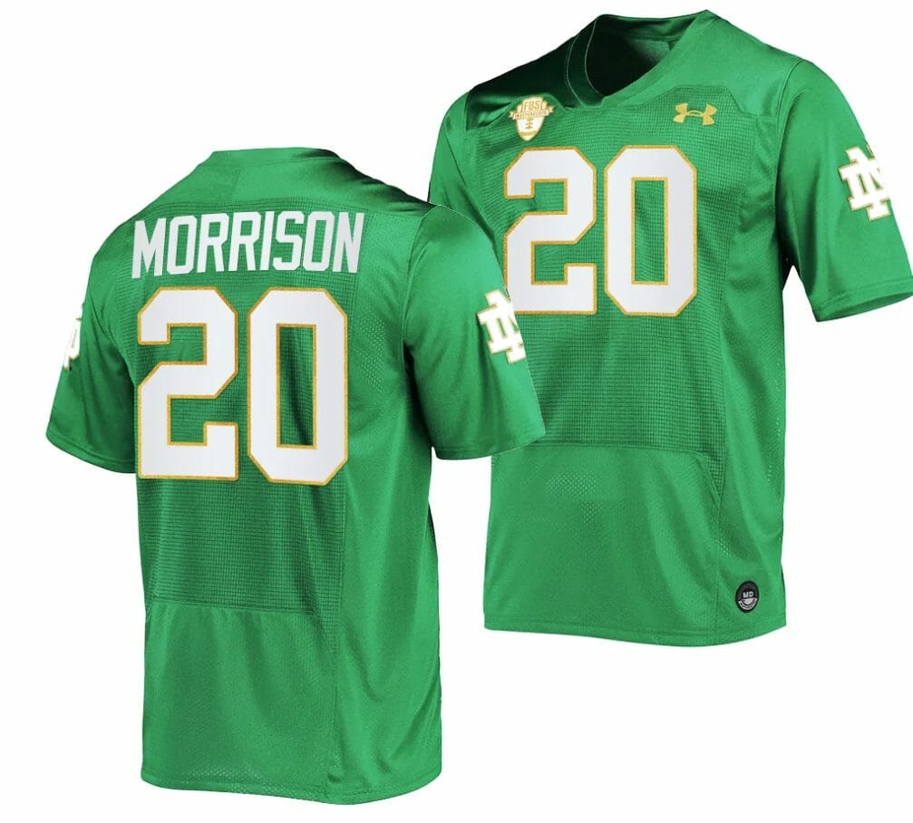 Notre Dame Fighting Irish #20 Benjamin Morrison Jersey College Football Green 2023 1 Notre Dame Fighting Irish #20 Benjamin Morrison Jersey College Football Green 2023