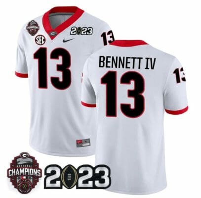 Georgia Bulldogs Stetson Bennett Jersey #13 CFP National Champions Patch 2023 – All Stitched White