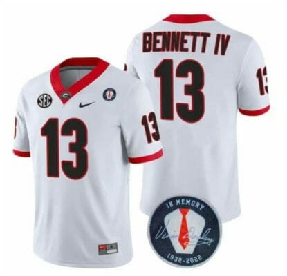 Georgia Bulldogs Stetson Bennett Jersey #13 Honoring Vince Dooley Patch – All Stitched White
