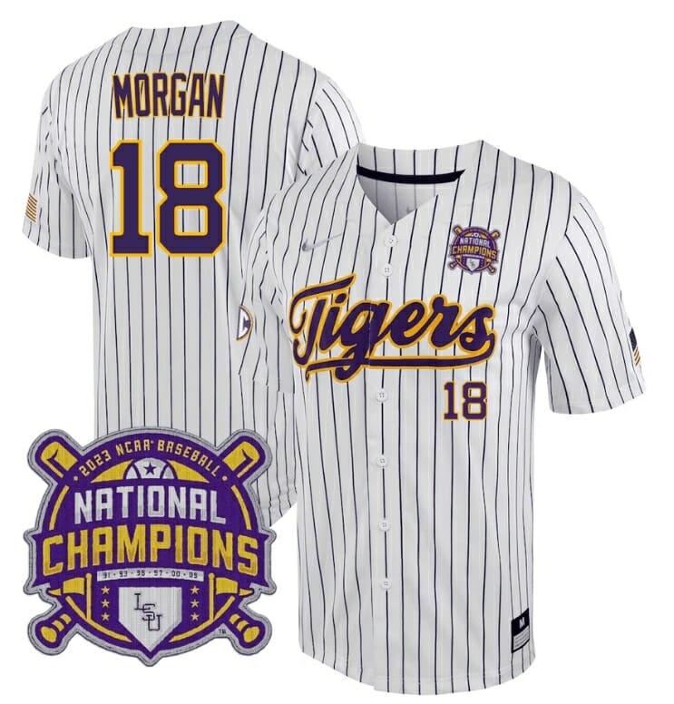 Lsu Tigers Tre Morgan Jersey #18 National Champions NCAA College Baseball Stitched White Stripe 1 Lsu Tigers Tre Morgan Jersey #18 National Champions NCAA College Baseball Stitched White Stripe