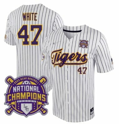 Lsu Tigers Tommy White Jersey #47 National Champions NCAA College Baseball Stitched White Stripes