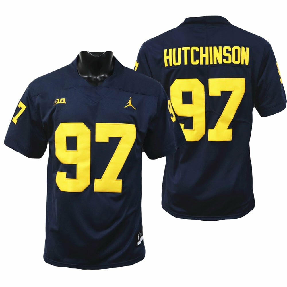 Michigan Wolverines Aidan Hutchinson Jersey #97 College Football Game Navy 1 Michigan Wolverines Aidan Hutchinson Jersey #97 College Football Game Navy