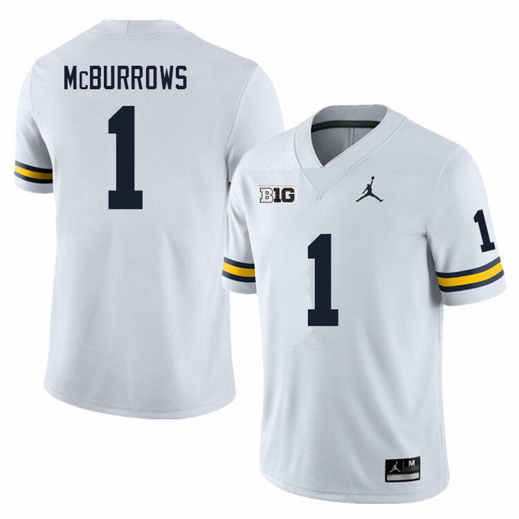 Michigan Wolverines JaDen McBurrows Jersey #1 College Football Game White 1 Michigan Wolverines JaDen McBurrows Jersey #1 College Football Game White