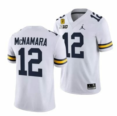 Michigan Wolverines TM 42 Patch Honor Tate Myre #25 Cade McNamara Jersey #12 All Stitched White 8 Michigan Wolverines TM 42 Patch Honor Tate Myre #25 Cade McNamara Jersey #12 All Stitched White