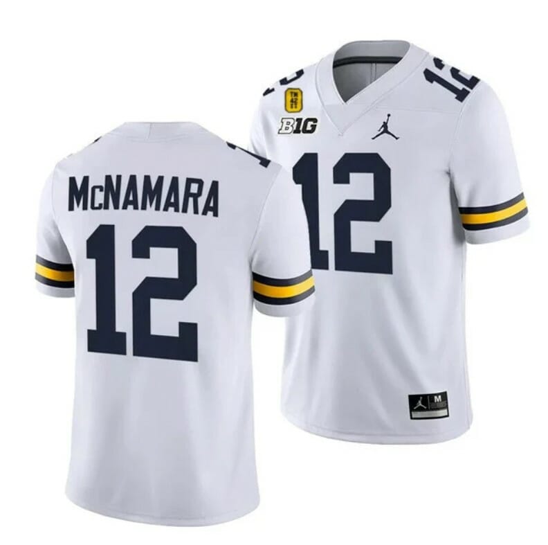 Michigan Wolverines TM 42 Patch Honor Tate Myre #25 Cade McNamara Jersey #12 All Stitched White 1 Michigan Wolverines TM 42 Patch Honor Tate Myre #25 Cade McNamara Jersey #12 All Stitched White