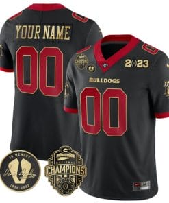 Custom Georgia Bulldogs Jersey Name and Number Football 2023 Back To Back Champions Vince Dooley Patch Black Gold Trim All Stitched