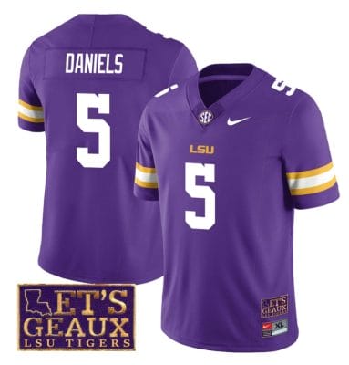 Lsu Tigers Jayden Daniels Jersey #5 College Football Let's Geaux Patch Stitched Purple