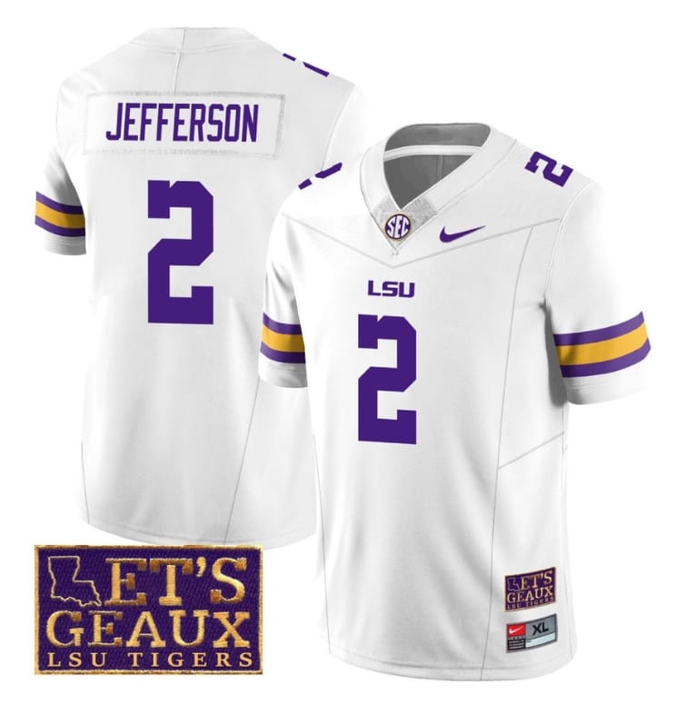 Lsu Tigers Justin Jefferson Jersey #2 College Football Let's Geaux Patch Stitched White 1 Lsu Tigers Justin Jefferson Jersey #2 College Football Let's Geaux Patch Stitched White