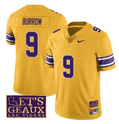 Lsu Tigers Joe Burrow Jersey #9 College Football Let's Geaux Patch Stitched Yellow