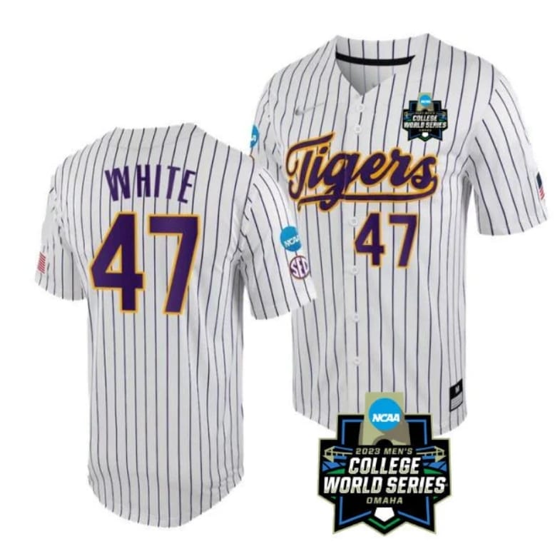 Lsu Tigers Tommy White Jersey #47 World Series 2023 College Baseball Stitched White 1 Lsu Tigers Tommy White Jersey #47 World Series 2023 College Baseball Stitched White