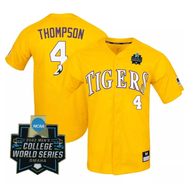 Lsu Tigers Jordan Thompson Jersey #4 World Series 2023 NCAA College Baseball Stitched Yellow 1 Lsu Tigers Jordan Thompson Jersey #4 World Series 2023 NCAA College Baseball Stitched Yellow