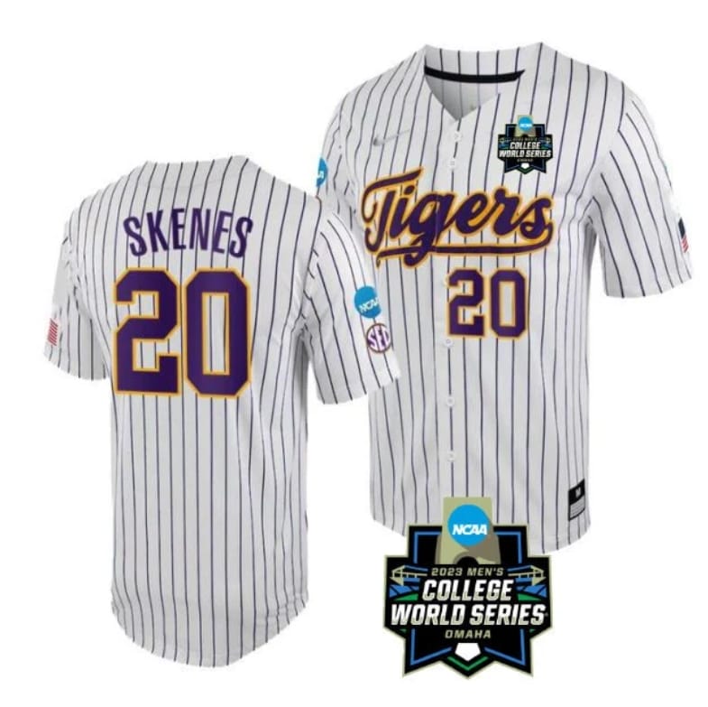 Lsu Tigers Paul Skenes Jersey #20 World Series 2023 NCAA College Baseball Stitched White 1 Lsu Tigers Paul Skenes Jersey #20 World Series 2023 NCAA College Baseball Stitched White