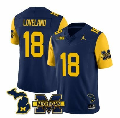 Michigan Wolverines Colston Loveland Jersey #18 Special College Football 2023 Stitched Maize Sleeves 8 Michigan Wolverines Colston Loveland Jersey #18 Special College Football 2023 Stitched Maize Sleeves