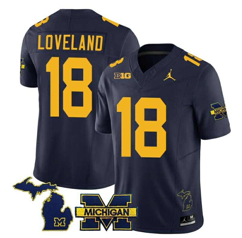 Michigan Wolverines Colston Loveland Jersey #18 Special College Football 2023 Stitched Navy 1 Michigan Wolverines Colston Loveland Jersey #18 Special College Football 2023 Stitched Navy