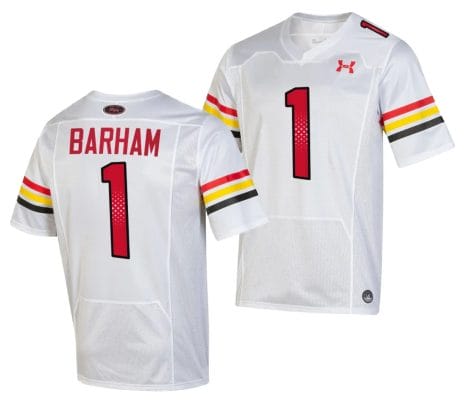 Maryland Terrapins Jaishawn Barham Jersey #1 College Football Game Throwback 2023 White 10 Maryland Terrapins Jaishawn Barham Jersey #1 College Football Game Throwback 2023 White