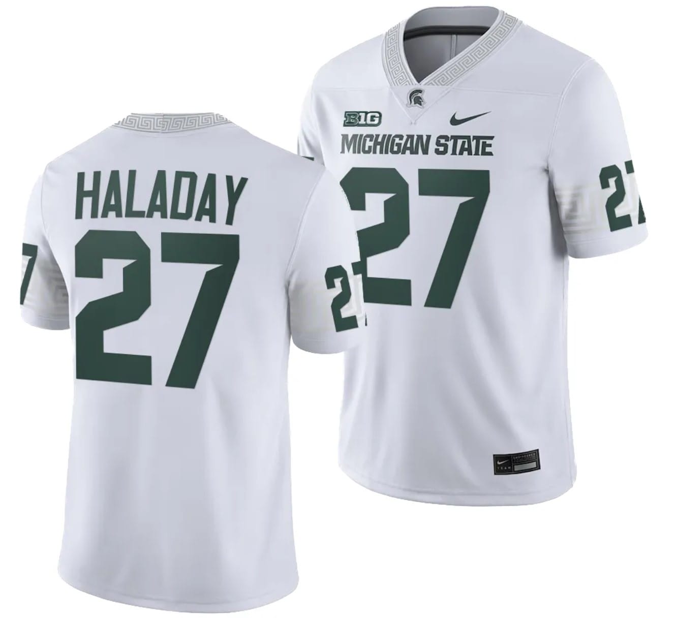 Michigan State Spartans Cal Haladay Jersey #27 College Football Game 2023 White 1 Michigan State Spartans Cal Haladay Jersey #27 College Football Game 2023 White