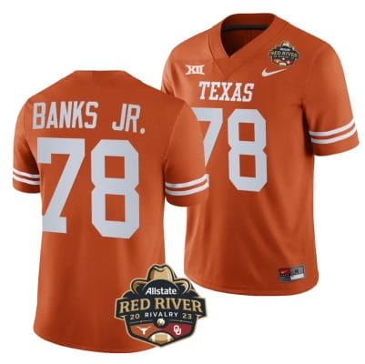Texas Longhorns Kelvin Banks Jr Jersey #78 2023 Allstate Red River Rivalry Orange Football 8 Texas Longhorns Kelvin Banks Jr Jersey #78 2023 Allstate Red River Rivalry Orange Football