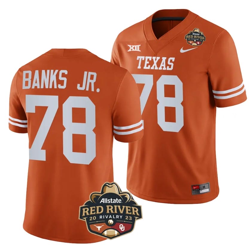 Texas Longhorns Kelvin Banks Jr Jersey #78 2023 Allstate Red River Rivalry Orange Football 1 Texas Longhorns Kelvin Banks Jr Jersey #78 2023 Allstate Red River Rivalry Orange Football