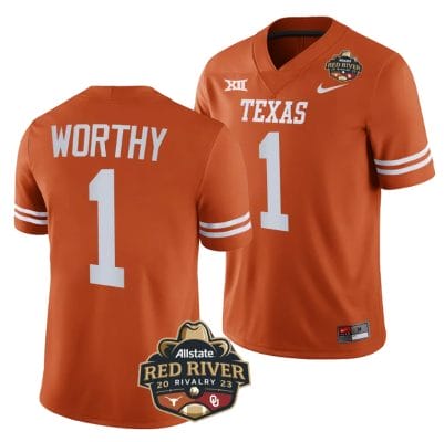 Texas Longhorns Xavier Worthy Jersey #1 2023 Allstate Red River Rivalry Orange Football 8 Texas Longhorns Xavier Worthy Jersey #1 2023 Allstate Red River Rivalry Orange Football