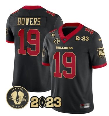 Brock Bowers Jersey #19 Georgia Bulldogs Football 2023 and Vince Dooley Patch Black Gold Trim All Stitched