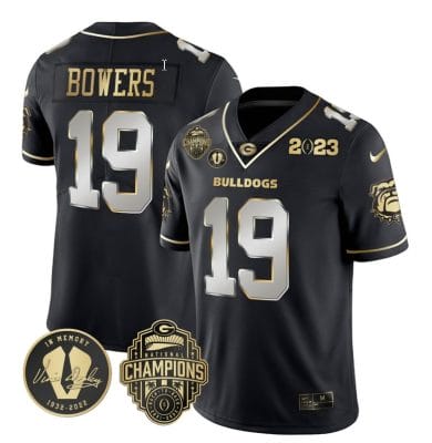 Brock Bowers Jersey #19 Georgia Bulldogs Football 2023 Champions and Vince Dooley Patch Black Limited All Stitched