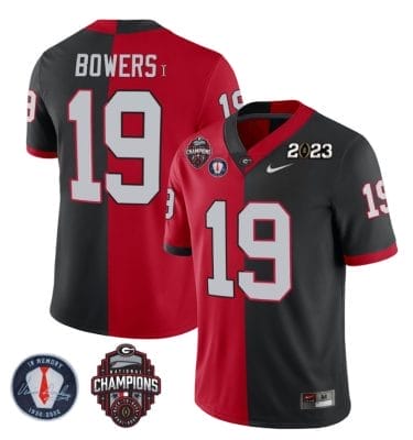 Brock Bowers Jersey #19 Georgia Bulldogs Football 2023 Champions and Vince Dooley Patch Split Red Black All Stitched 8 Brock Bowers Jersey #19 Georgia Bulldogs Football 2023 Champions and Vince Dooley Patch Split Red Black All Stitched