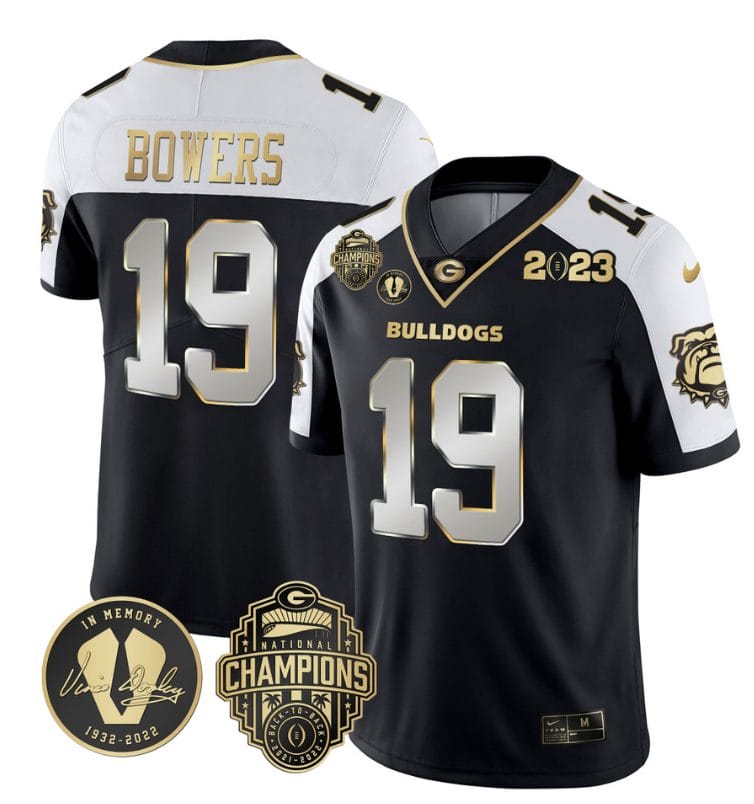 Brock Bowers Jersey #19 Georgia Bulldogs Football 2023 Champions and Vince Dooley Patch Alternate Limited All Stitched 1 Brock Bowers Jersey #19 Georgia Bulldogs Football 2023 Champions and Vince Dooley Patch Alternate Limited All Stitched