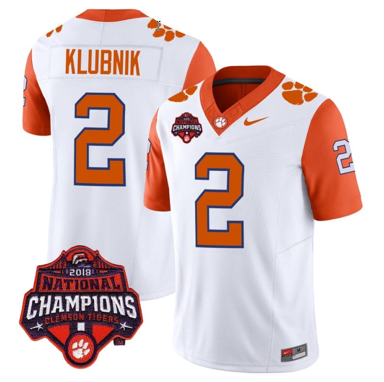 Cade Klubnik Jersey #2 Clemson Tigers Vapor Limited Champions Patch College Football Stitched Orange Sleeves 1 Cade Klubnik Jersey #2 Clemson Tigers Vapor Limited Champions Patch College Football Stitched Orange Sleeves