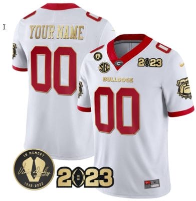Custom Georgia Bulldogs Jersey Name and Number Football 2023 Vince Dooley Patch White Gold Trim All Stitched