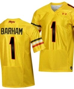 Maryland Terrapins Jaishawn Barham Jersey #1 College Football Gold 2023 Script Uniform