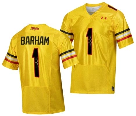 Maryland Terrapins Jaishawn Barham Jersey #1 College Football Gold 2023 Script Uniform