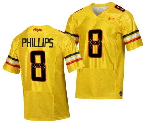 Maryland Terrapins Jordan Phillips Jersey #8 College Football Gold 2023 Script Uniform 8 Maryland Terrapins Jordan Phillips Jersey #8 College Football Gold 2023 Script Uniform