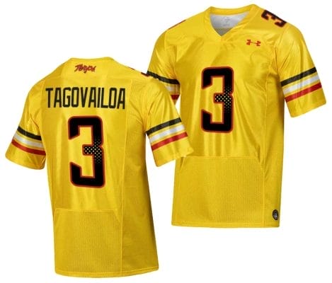 Maryland Terrapins Taulia Tagovailoa Jersey #3 College Football Gold 2023 Script Uniform 8 Maryland Terrapins Taulia Tagovailoa Jersey #3 College Football Gold 2023 Script Uniform