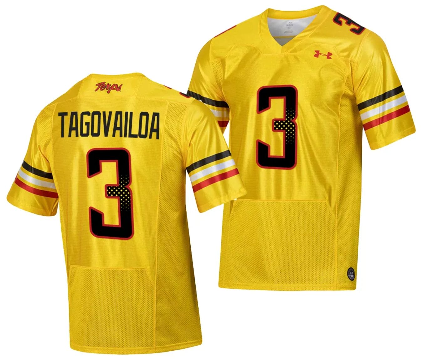 Maryland Terrapins Taulia Tagovailoa Jersey #3 College Football Gold 2023 Script Uniform 1 Maryland Terrapins Taulia Tagovailoa Jersey #3 College Football Gold 2023 Script Uniform