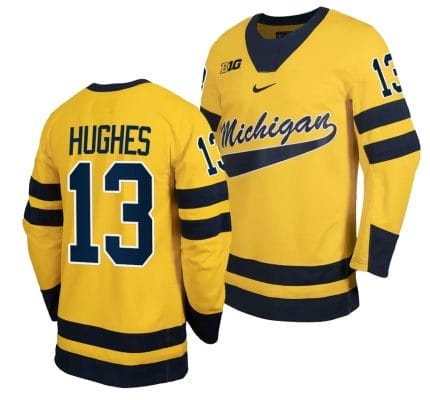 Michigan Wolverines TJ Hughes Jersey #13 Classic Hockey Maize Replica 2023-24