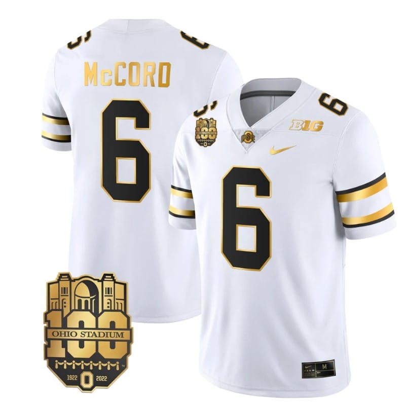 Ohio State Buckeyes Kyle McCord Jersey #6 College Football Stitched White Gold 1 Ohio State Buckeyes Kyle McCord Jersey #6 College Football Stitched White Gold