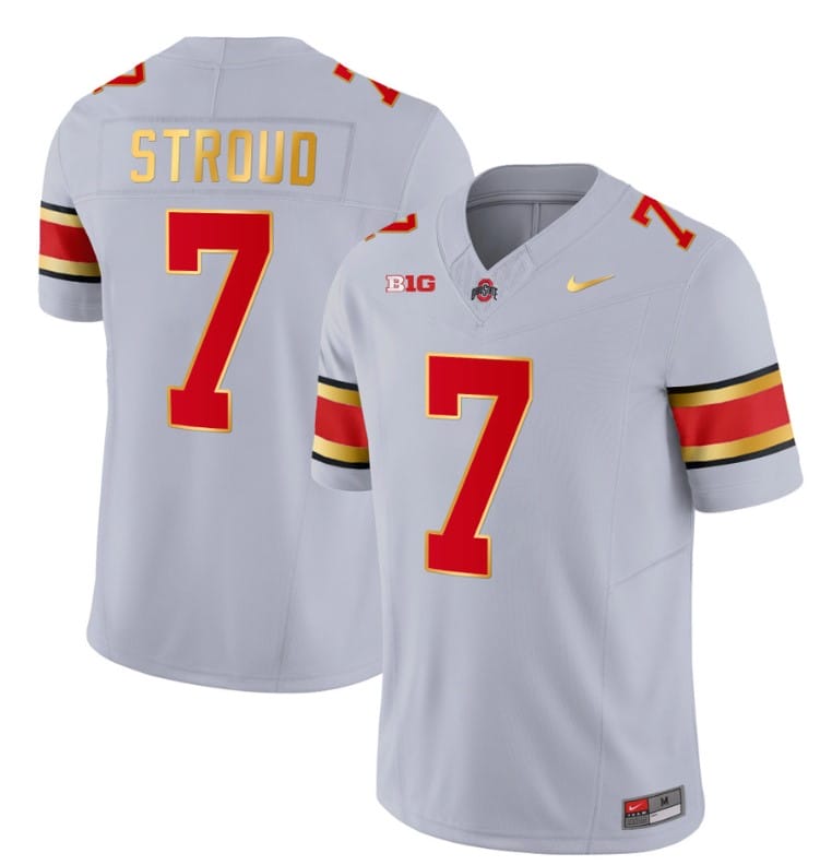 Ohio State Buckeyes CJ Stroud Jersey #2 College Football Stitched Gold Trim 1 Ohio State Buckeyes CJ Stroud Jersey #2 College Football Stitched Gold Trim